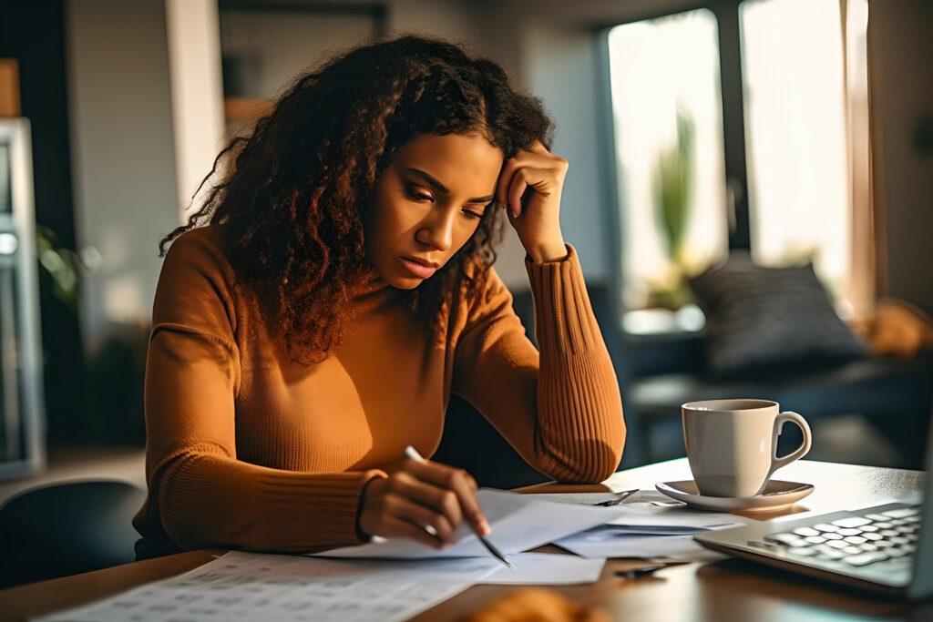 A woman sitting at a desk, using a laptop and surrounded by papers | Bankruptcy Attorney | Grady BK